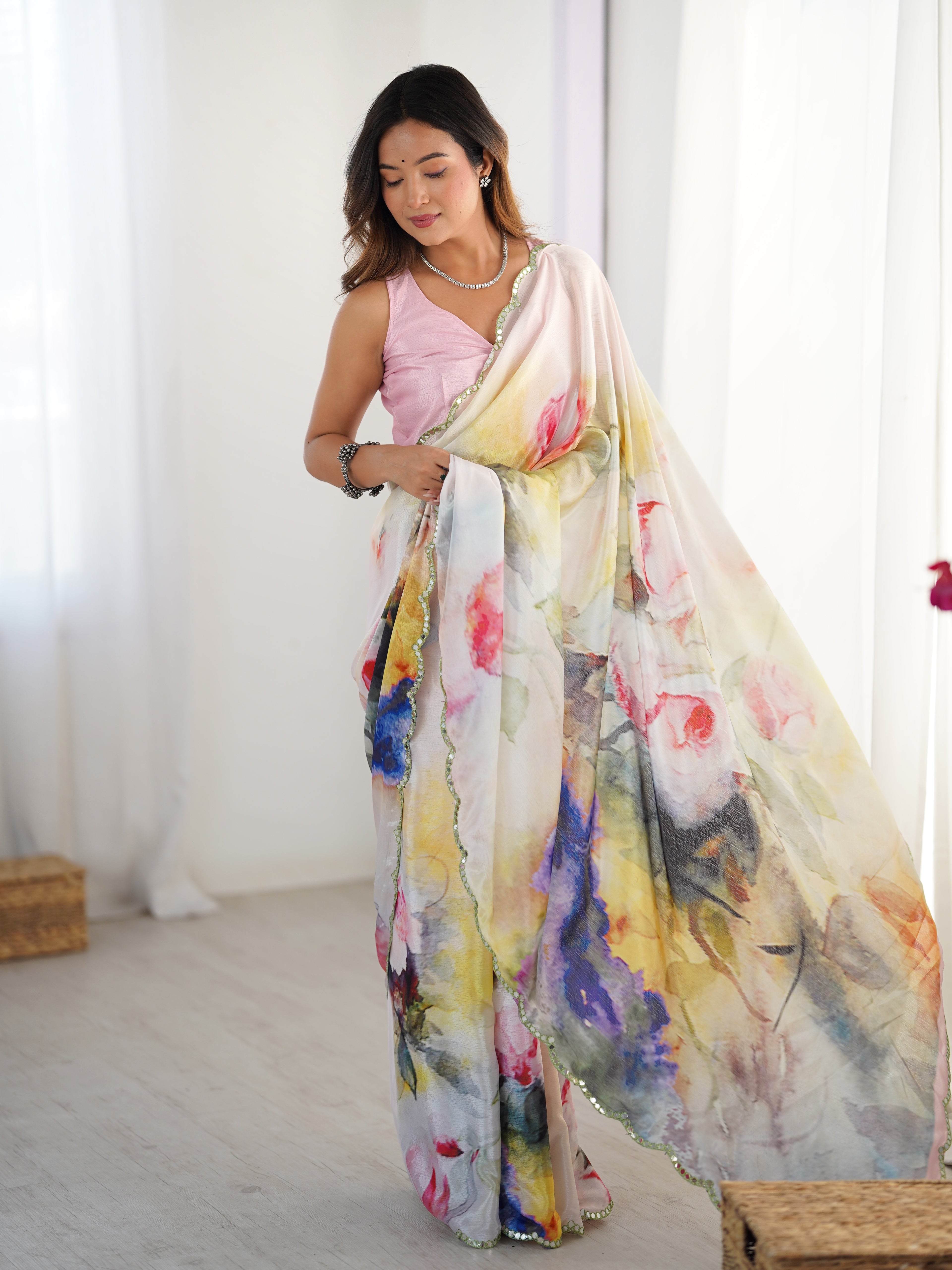 Ivory Bloom Heavy Chinnon Party Wear Saree