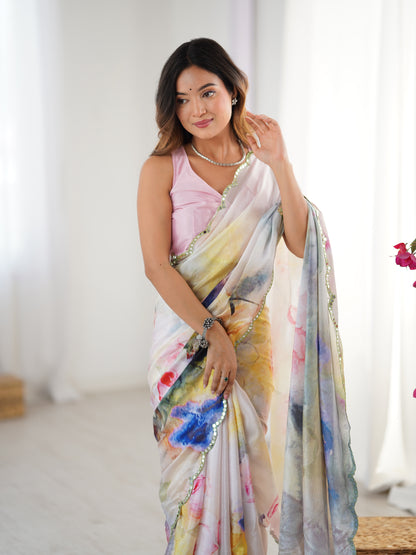 Ivory Bloom Heavy Chinnon Party Wear Saree for Women