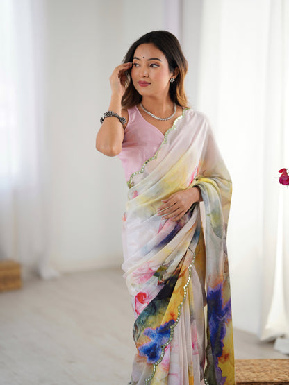 Ivory Bloom Heavy Chinnon Party Wear Saree for Women