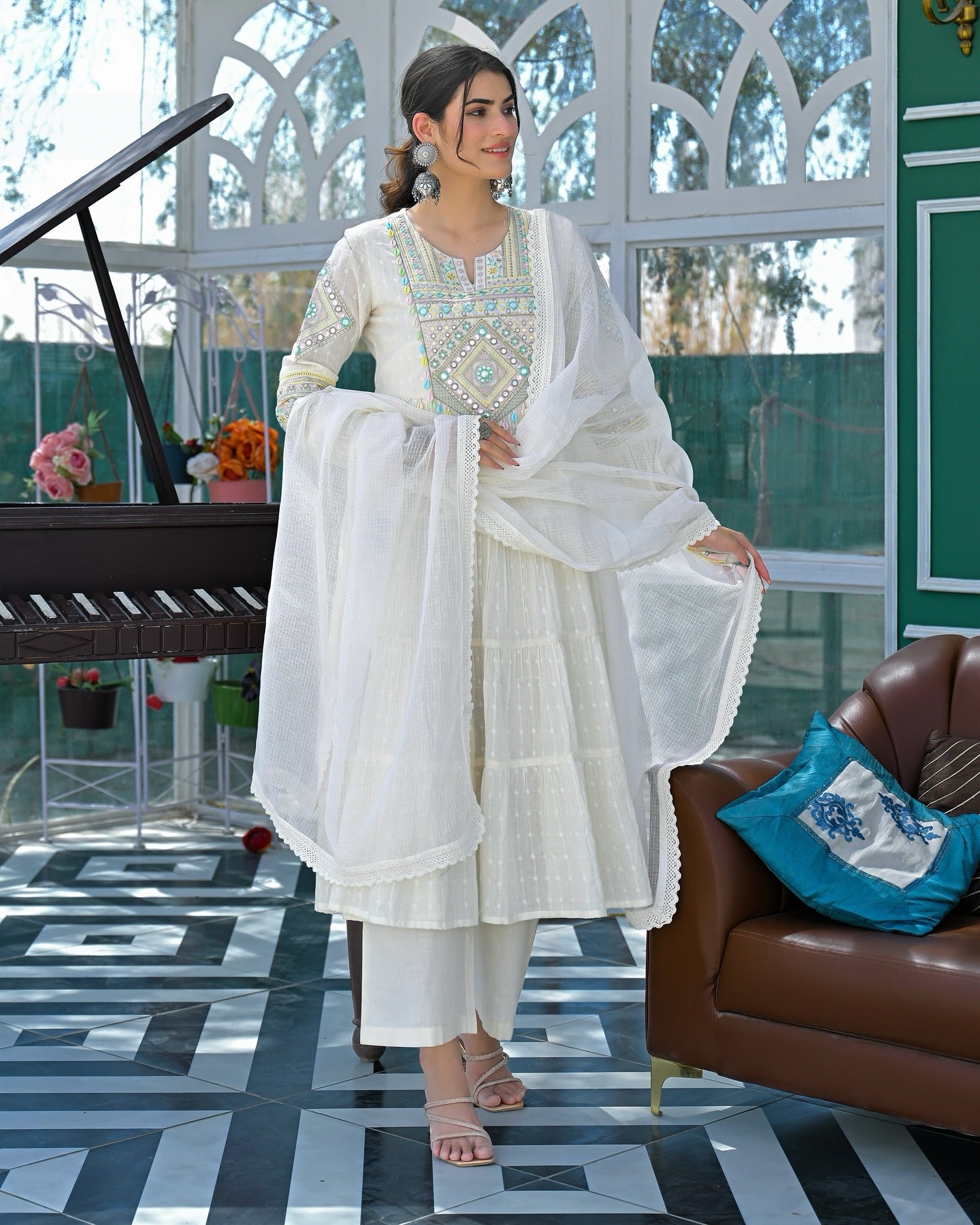 Ivory Mirror Embroidered Cotton Kurta Set With Dupatta