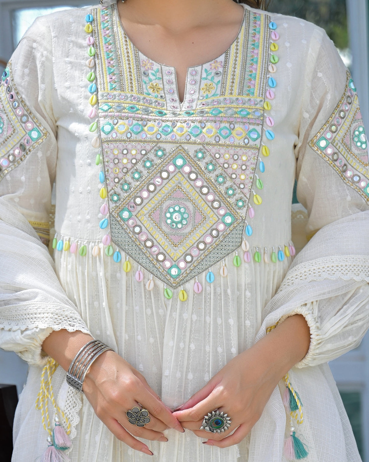 Ivory Mirror Embroidered Cotton Kurta Set With Dupatta for Women