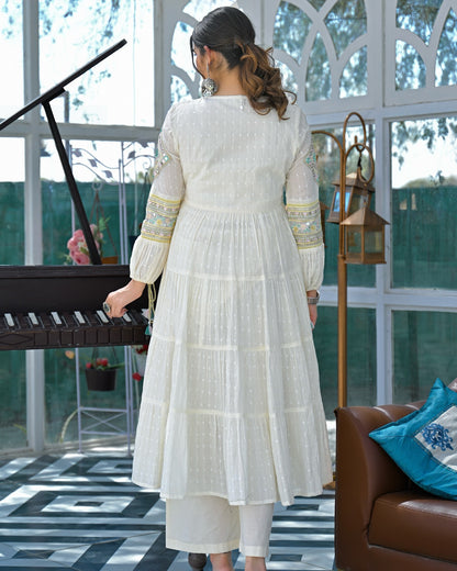 Ivory Mirror Embroidered Cotton Kurta Set With Dupatta for Women