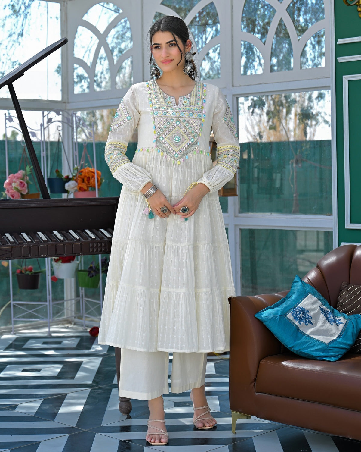 Ivory Mirror Embroidered Cotton Kurta Set With Dupatta for Women