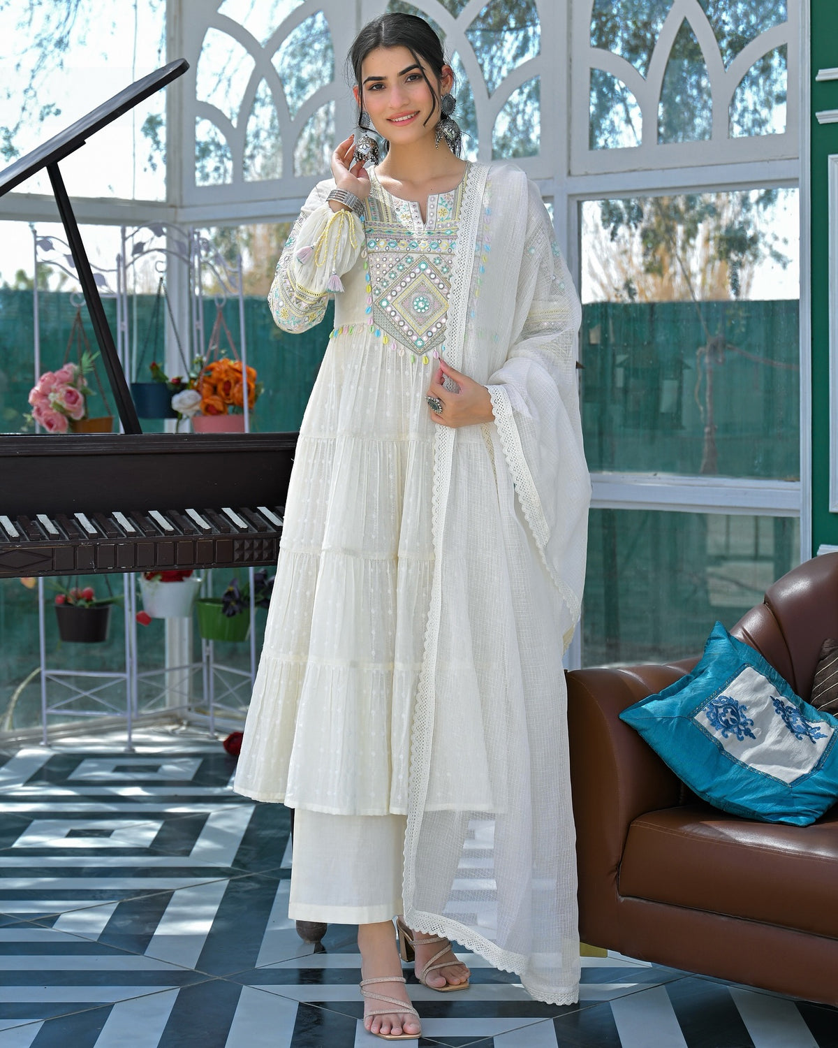 Ivory Mirror Embroidered Cotton Kurta Set With Dupatta for Women