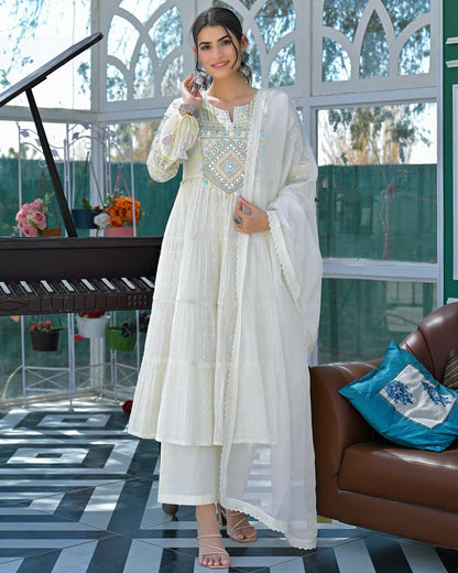 Ivory Mirror Embroidered Cotton Kurta Set With Dupatta for Women