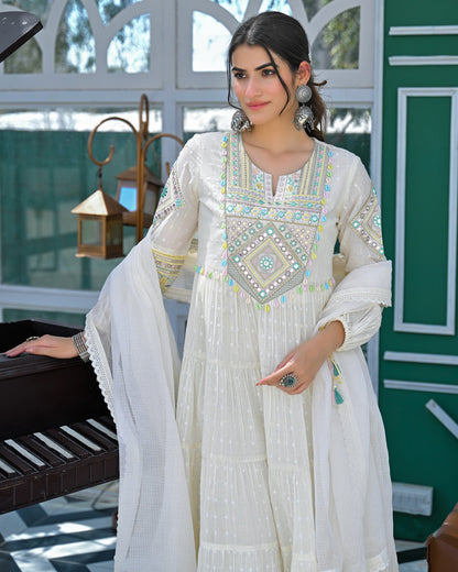 Ivory Mirror Embroidered Cotton Kurta Set With Dupatta for Women