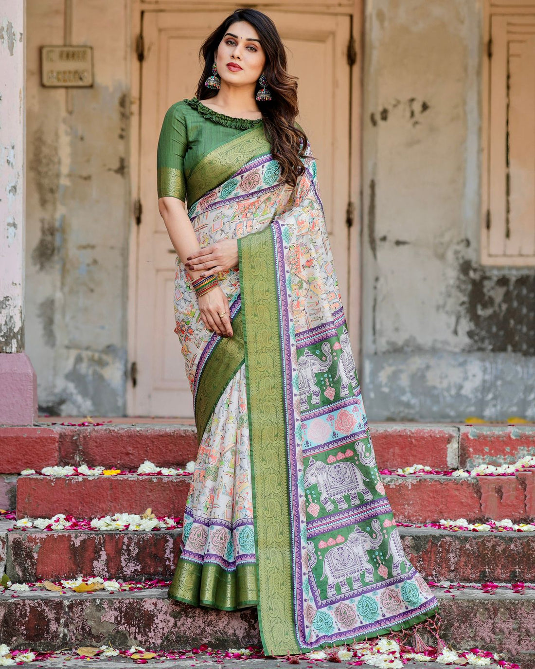 Green Ivory Printed Silk Saree with Zari Border for Women