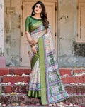 Green Ivory Printed Silk Saree with Zari Border