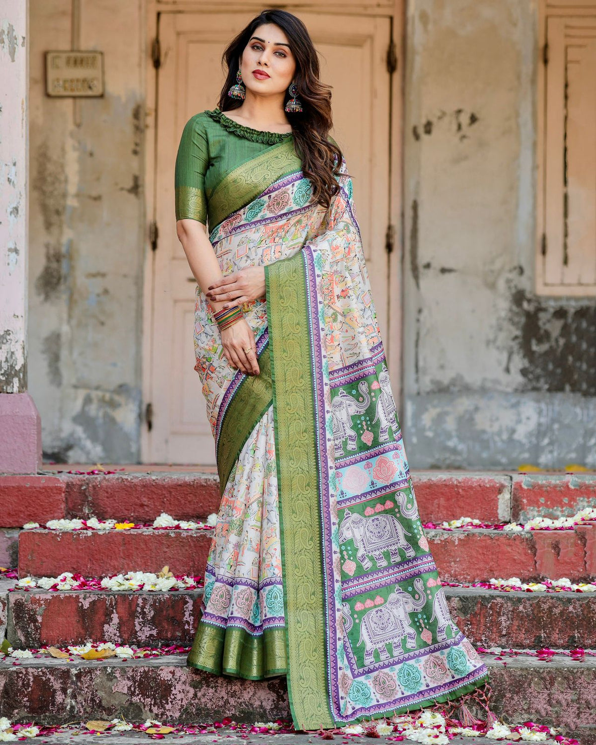 Green Ivory Printed Silk Saree with Zari Border for Women