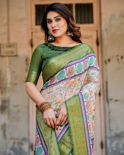 Green Ivory Printed Silk Saree with Zari Border for Women