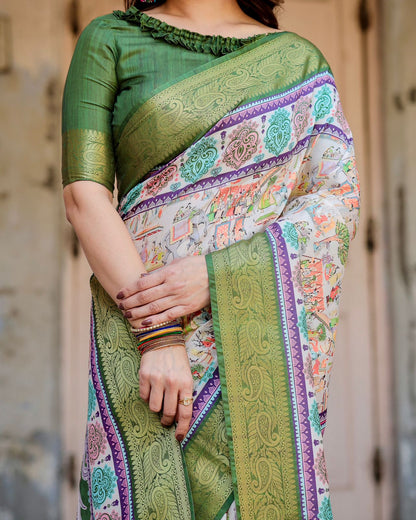 Green Ivory Printed Silk Saree with Zari Border for Women
