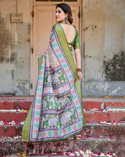 Green Ivory Printed Silk Saree with Zari Border for Women