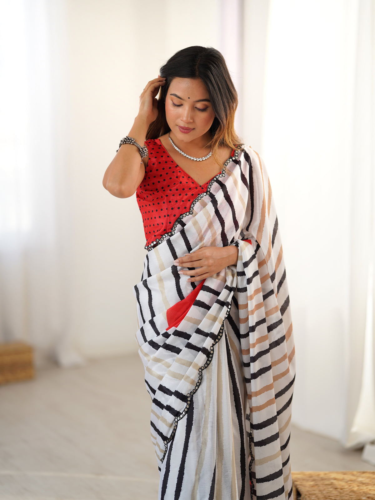Ivory Striped Heavy Chinnon Saree for Women
