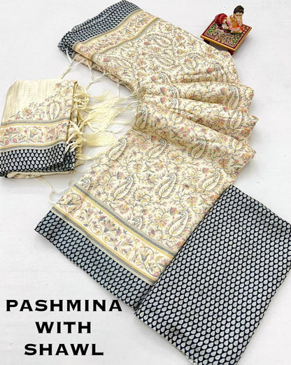 Cream Beige Pashmina Saree for Women