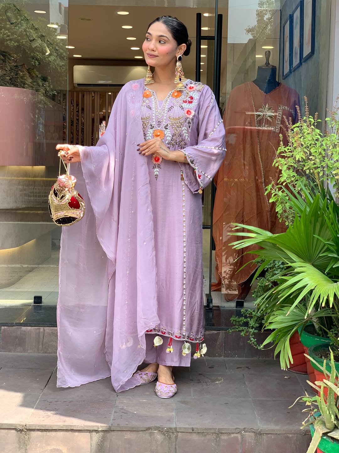 Lavender Chanderi Embroidered Kurta Set with Dupatta for Women