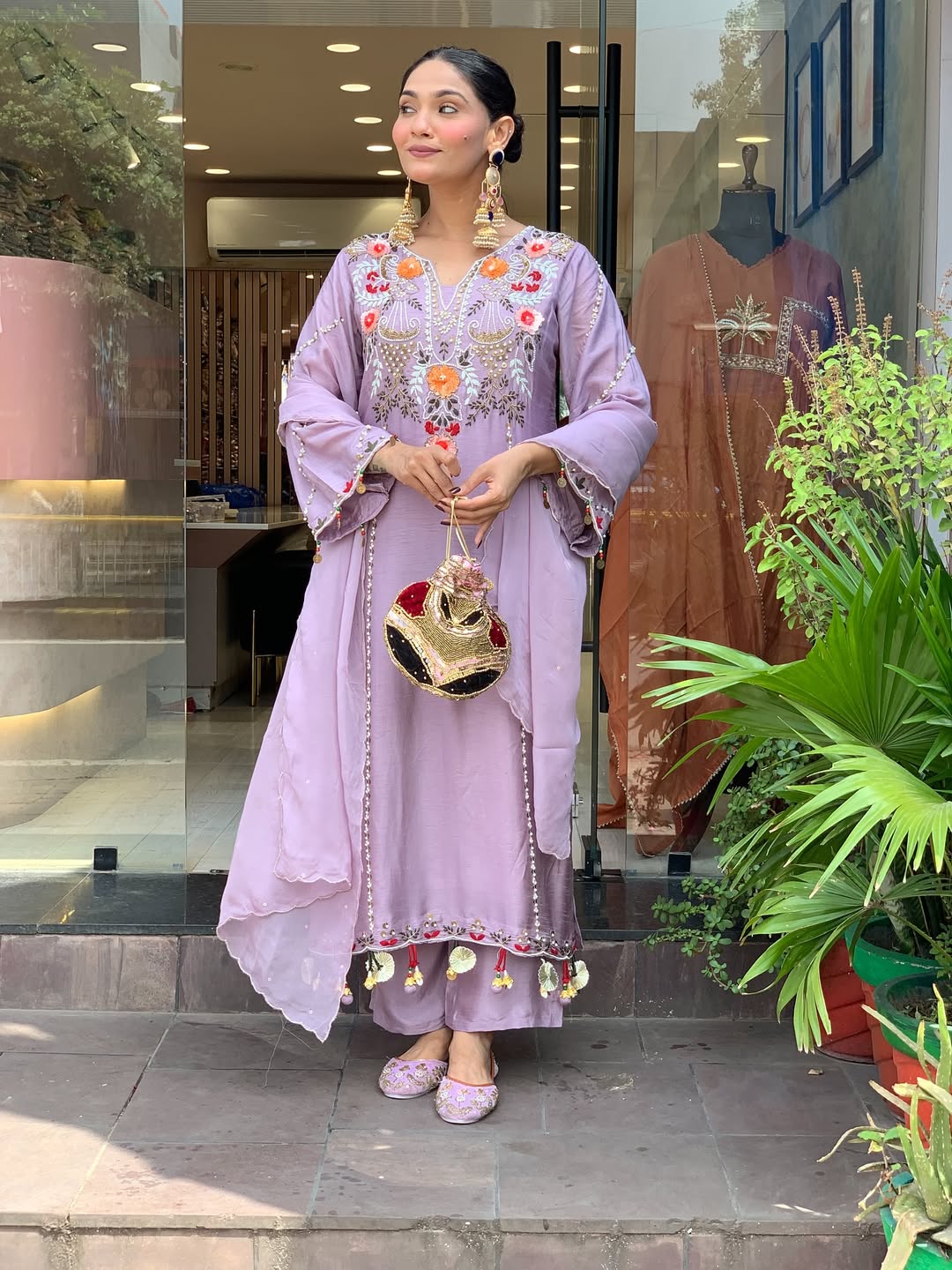 Lavender Chanderi Embroidered Kurta Set with Dupatta for Women