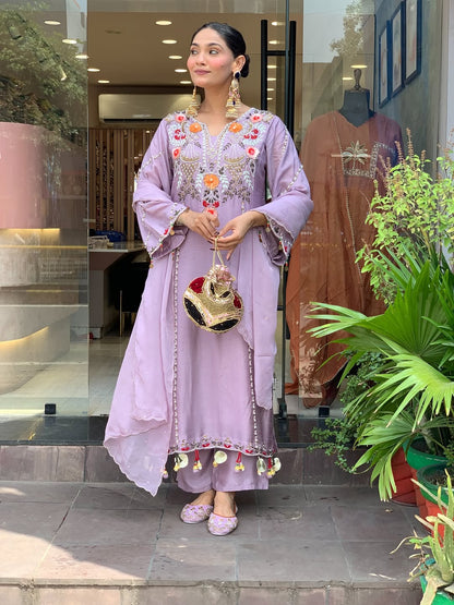 Lavender Chanderi Embroidered Kurta Set with Dupatta for Women