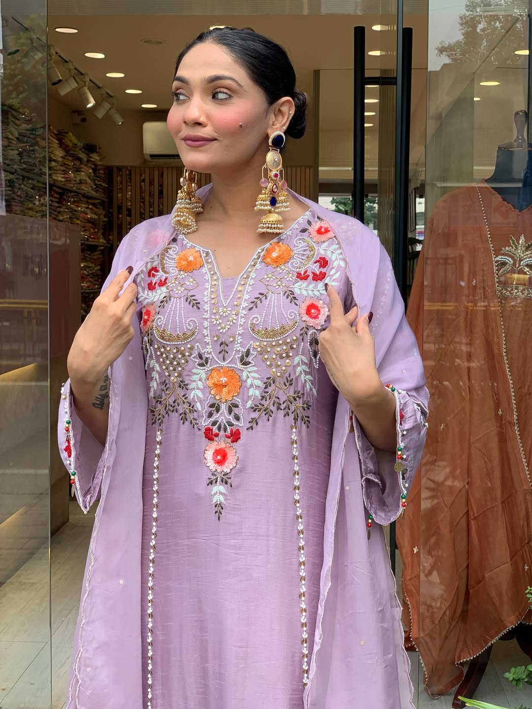 Lavender Chanderi Embroidered Kurta Set with Dupatta for Women
