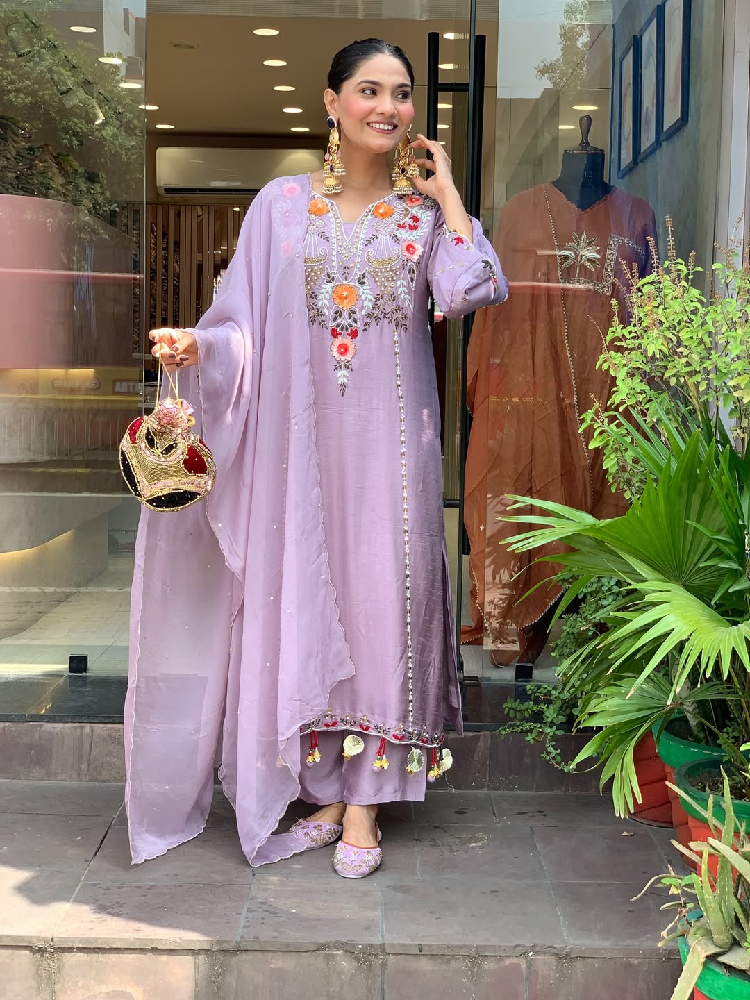 Lavender Chanderi Embroidered Kurta Set with Dupatta for Women