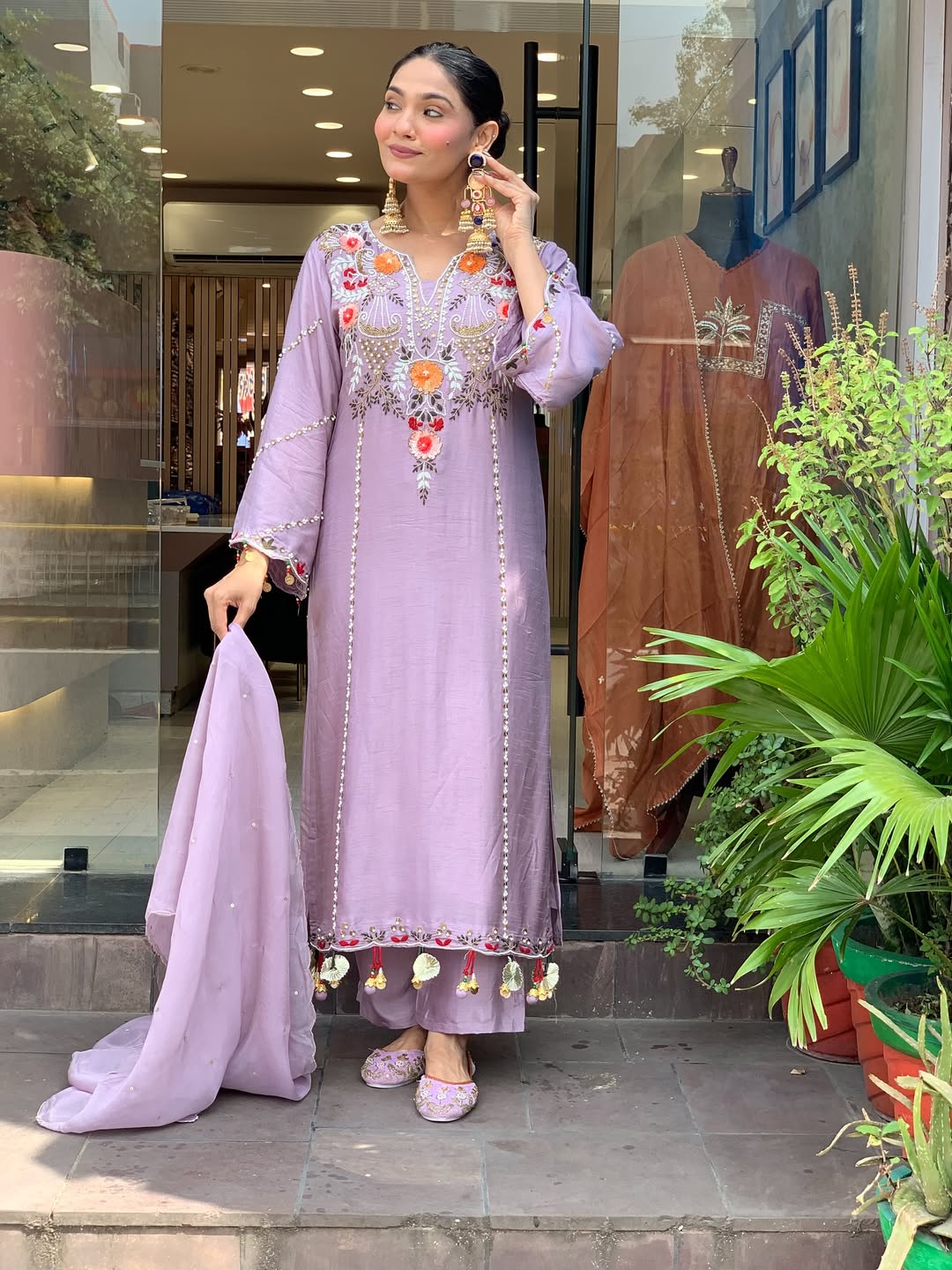 Lavender Chanderi Embroidered Kurta Set with Dupatta for Women