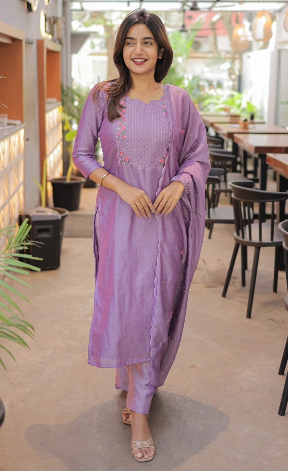 Lavender Cotton Kurta Set with Embroidery Dupatta Set for Women