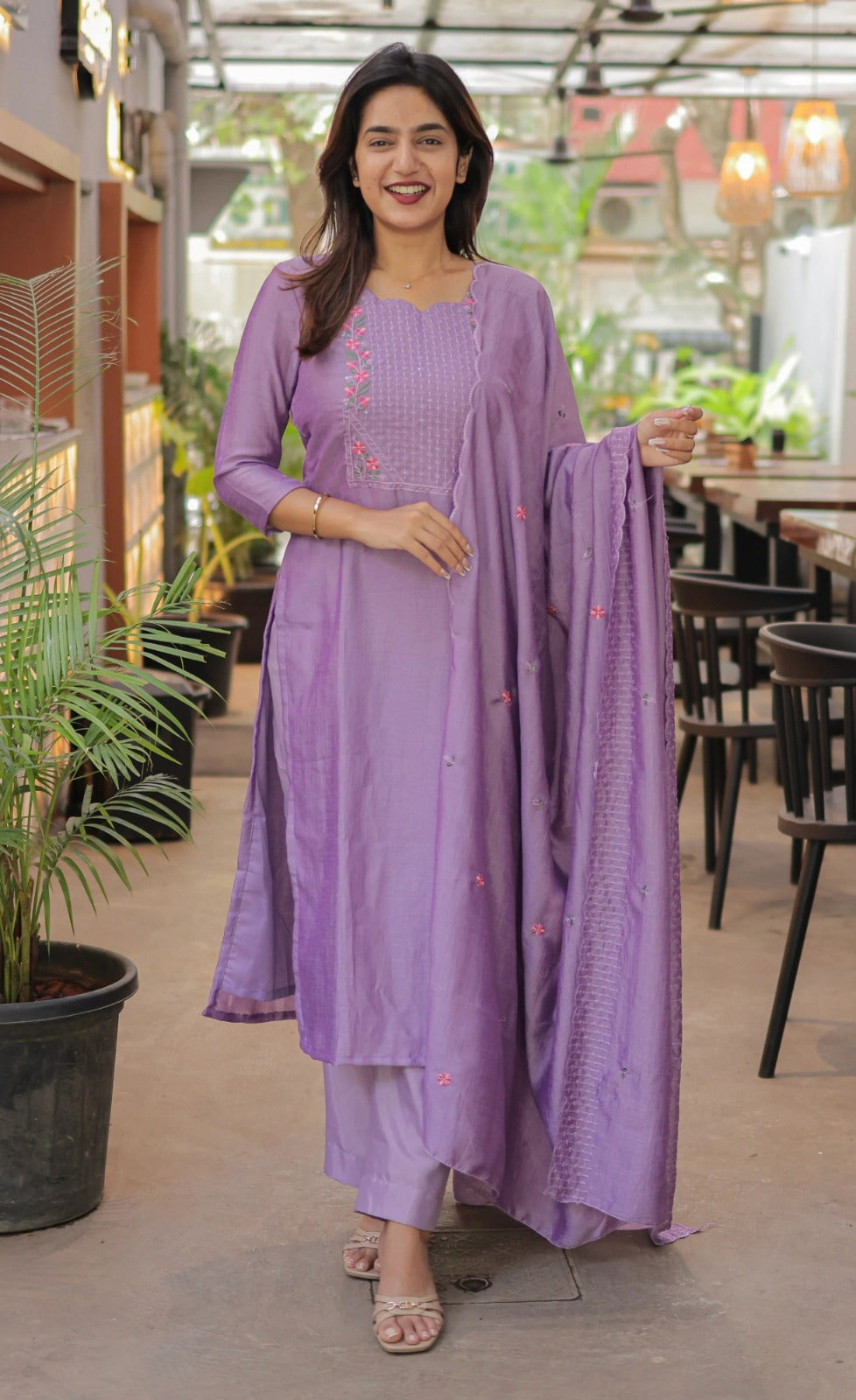 Lavender Cotton Kurta Set with Embroidery Dupatta Set for Women