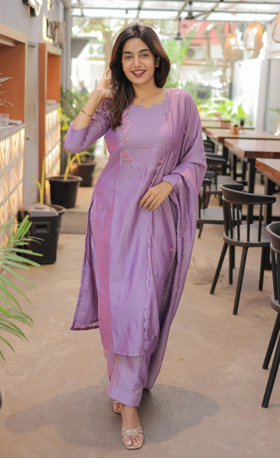 Lavender Cotton Kurta Set with Embroidery Dupatta Set for Women