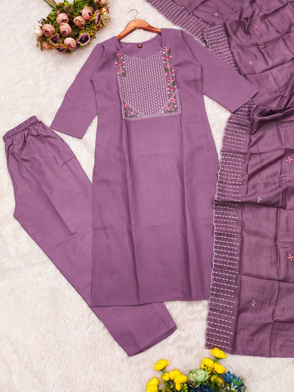 Lavender Cotton Kurta Set with Embroidery Dupatta Set for Women
