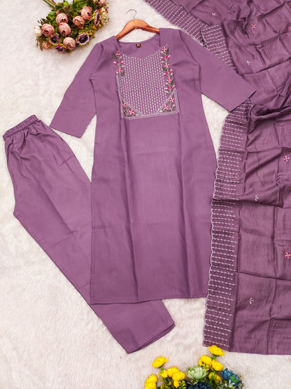 Lavender Cotton Kurta Set with Embroidery Dupatta Set for Women