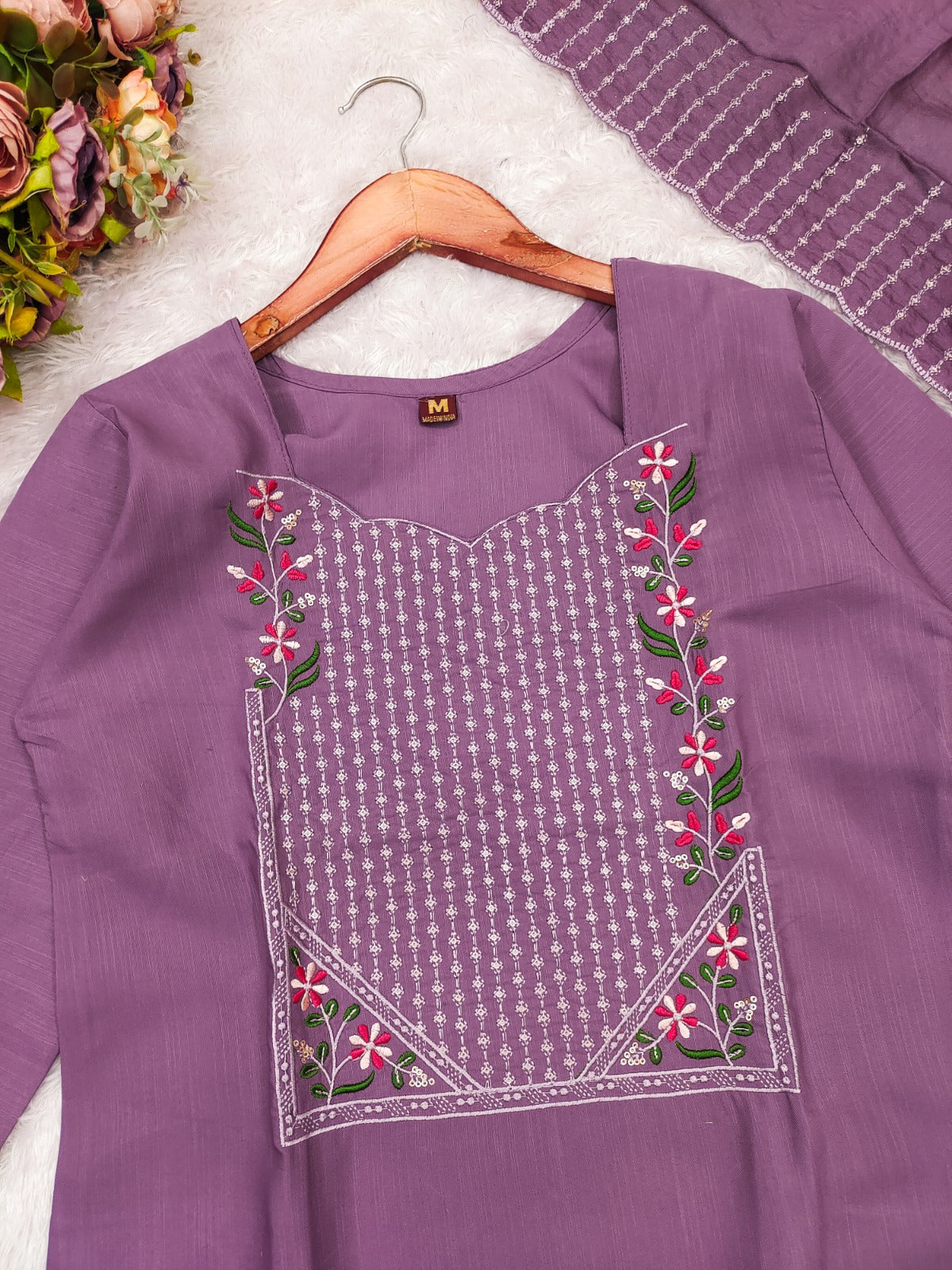 Lavender Cotton Kurta Set with Embroidery Dupatta Set for Women