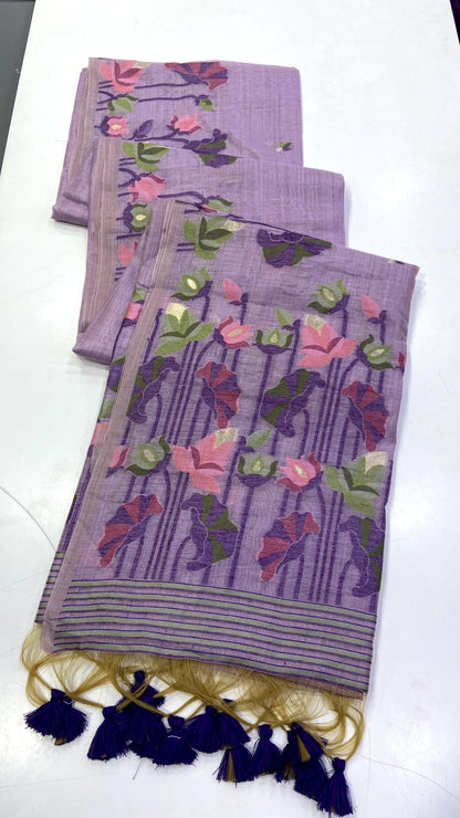 Lavender Muga Cotton Saree with Lotus Jamdani Pallu for Women