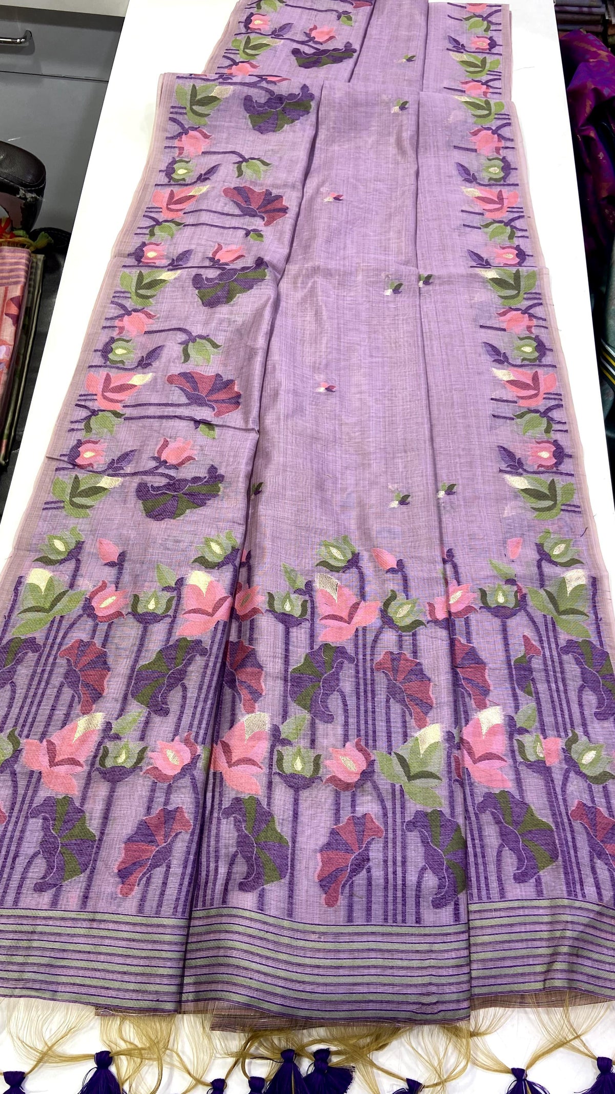 Lavender Muga Cotton Saree with Lotus Jamdani Pallu for Women