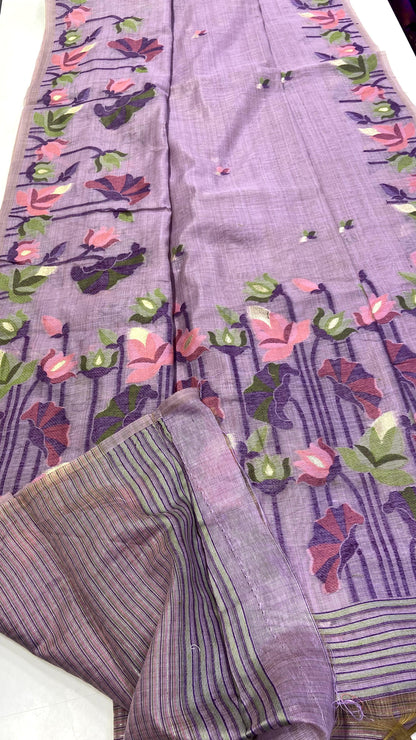 Lavender Muga Cotton Saree with Lotus Jamdani Pallu for Women