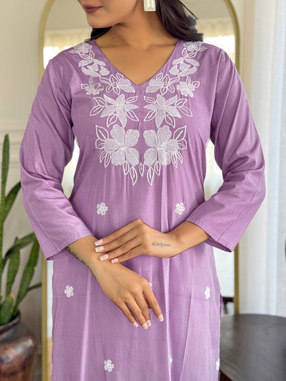 Lavender Embroidered Kurti Pant Dupatta Set for Women
