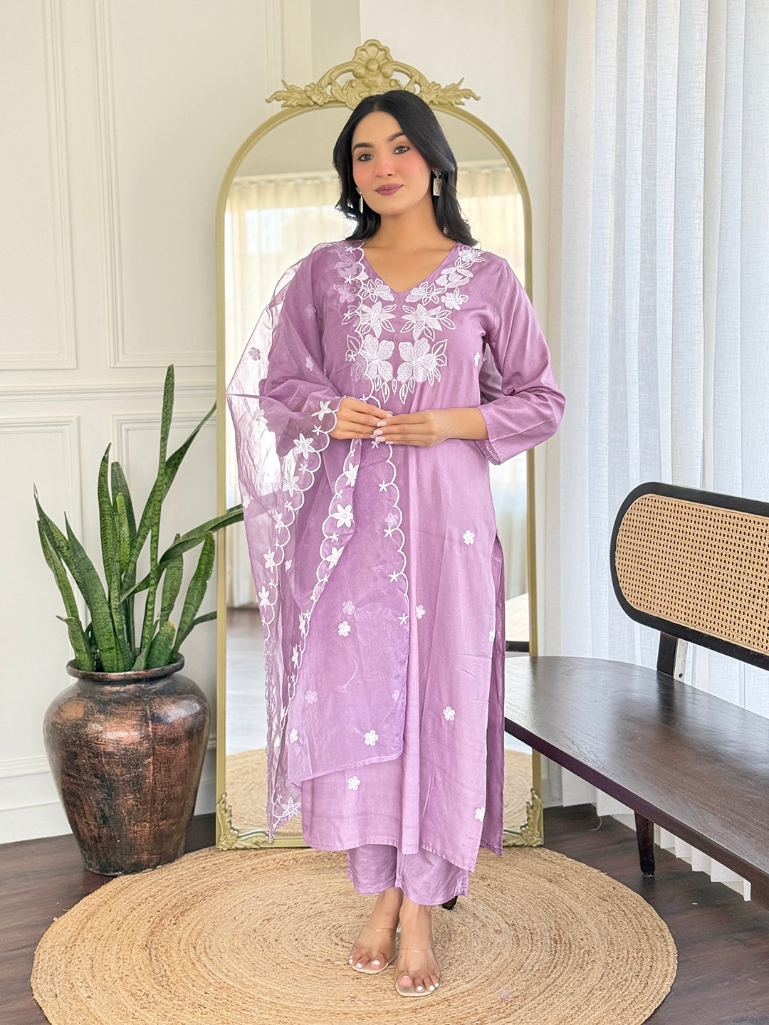 Lavender Embroidered Kurti Pant Dupatta Set for Women