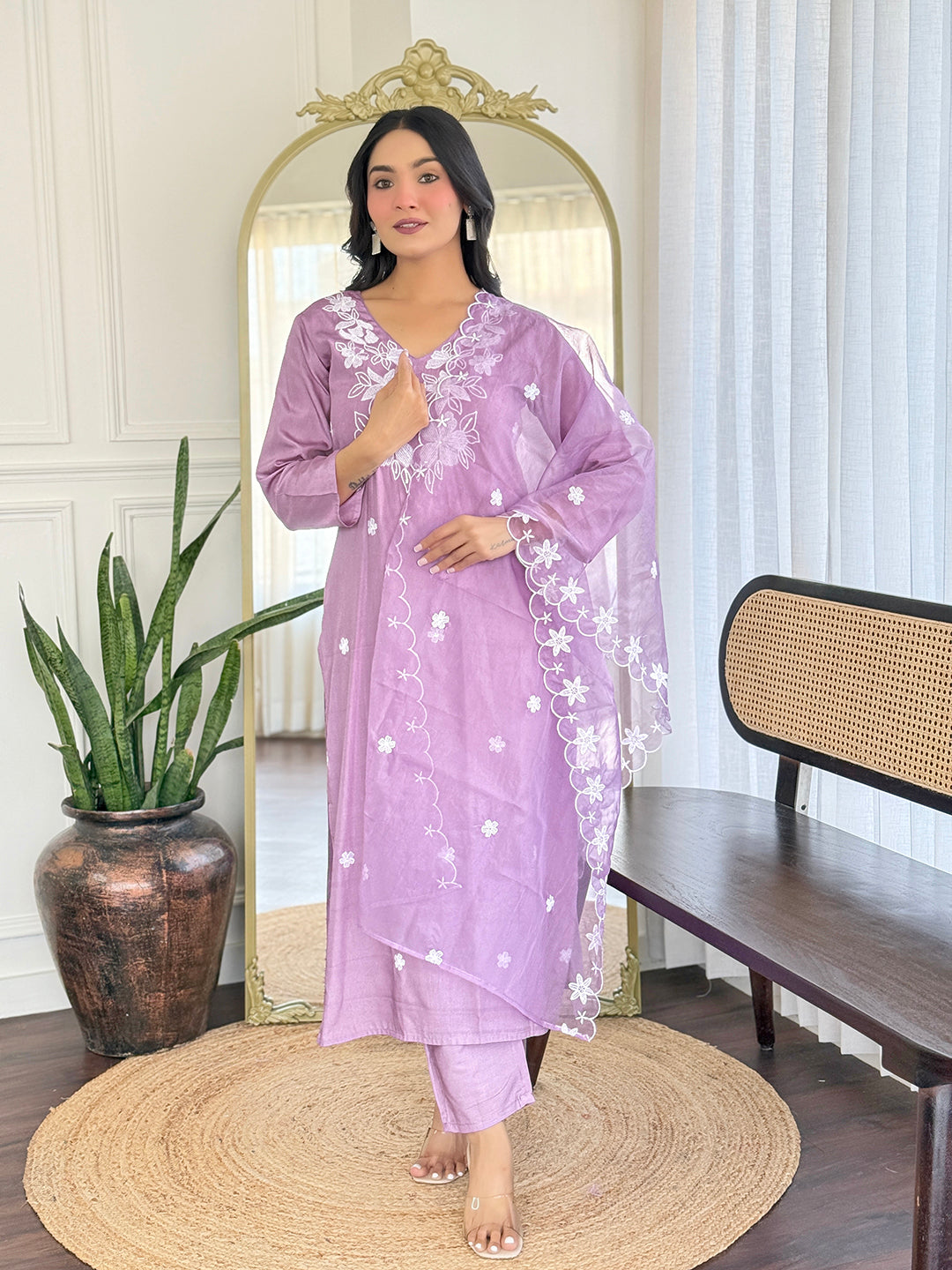 Lavender Embroidered Kurti Pant Dupatta Set for Women
