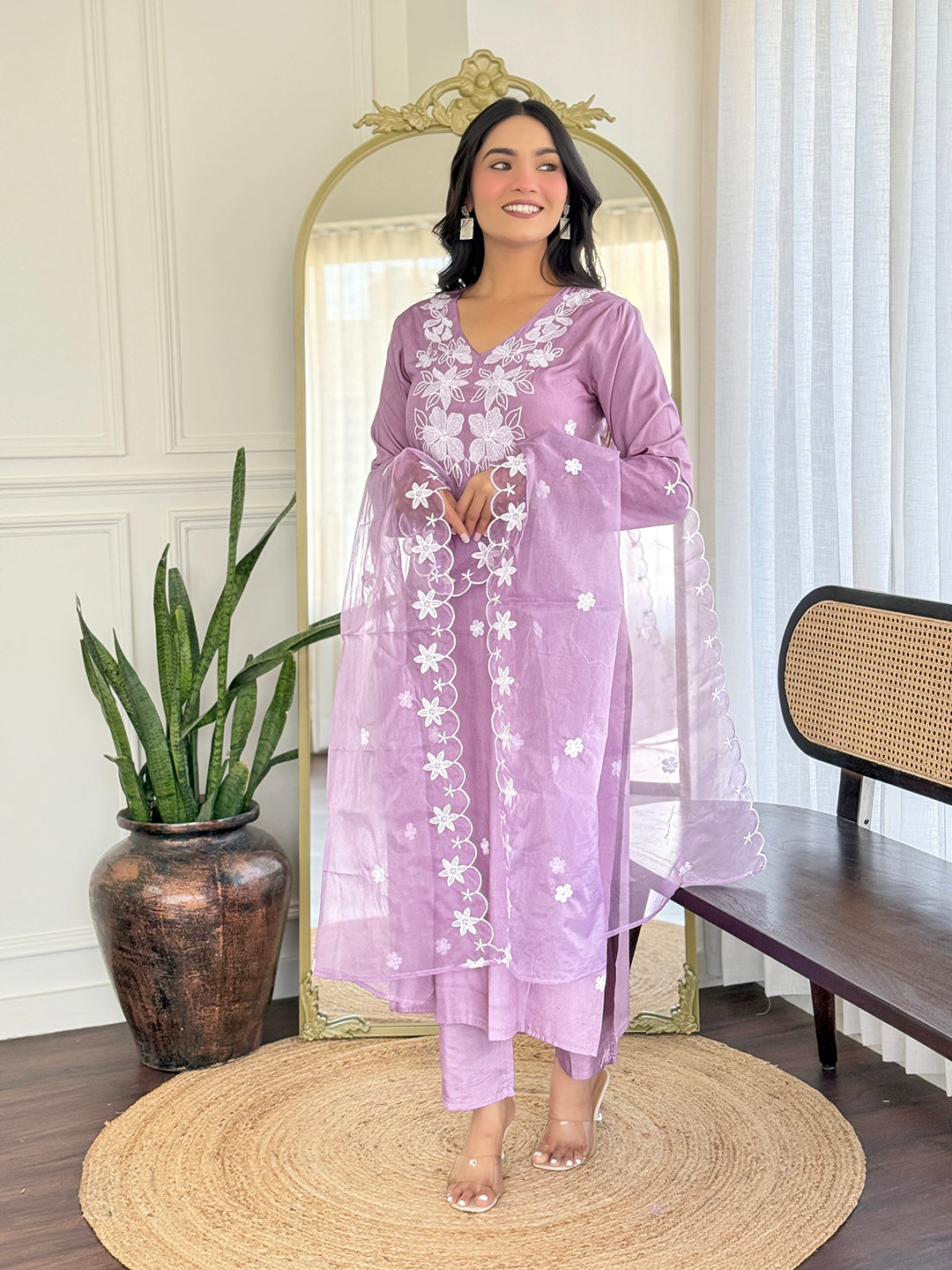 Lavender Embroidered Kurti Pant Dupatta Set for Women
