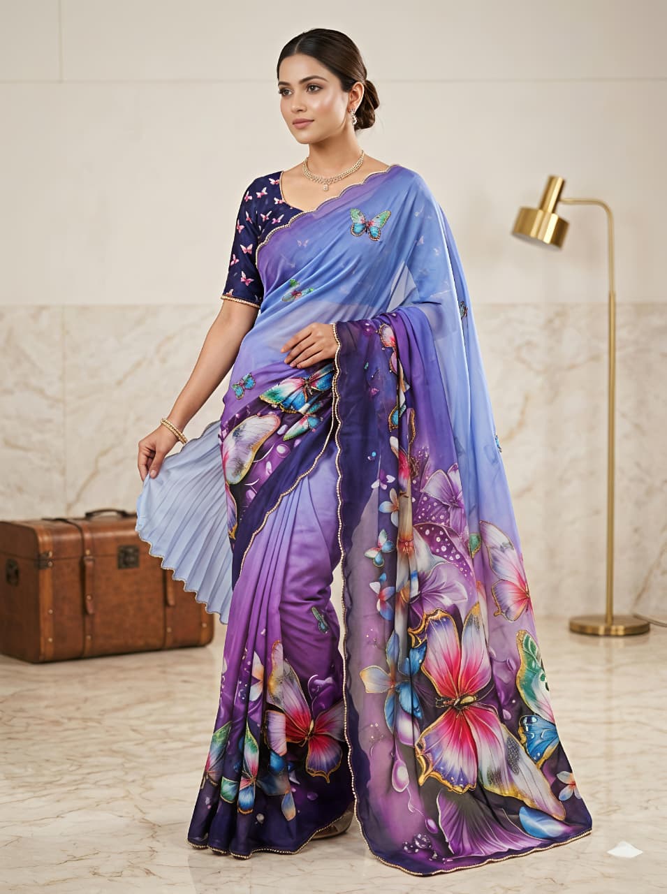 Lavender Floral Butterfly Designer Saree With Work for Women