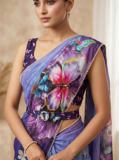 Lavender Floral Butterfly Designer Saree With Work for Women