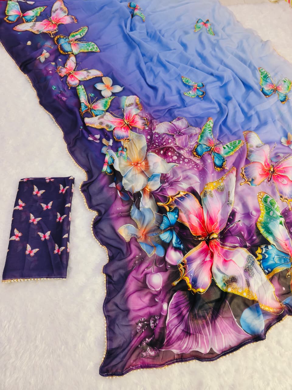 Lavender Floral Butterfly Designer Saree With Work for Women
