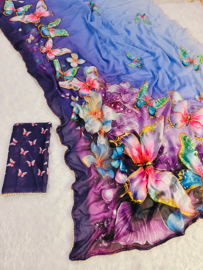 Lavender Floral Butterfly Designer Saree With Work for Women