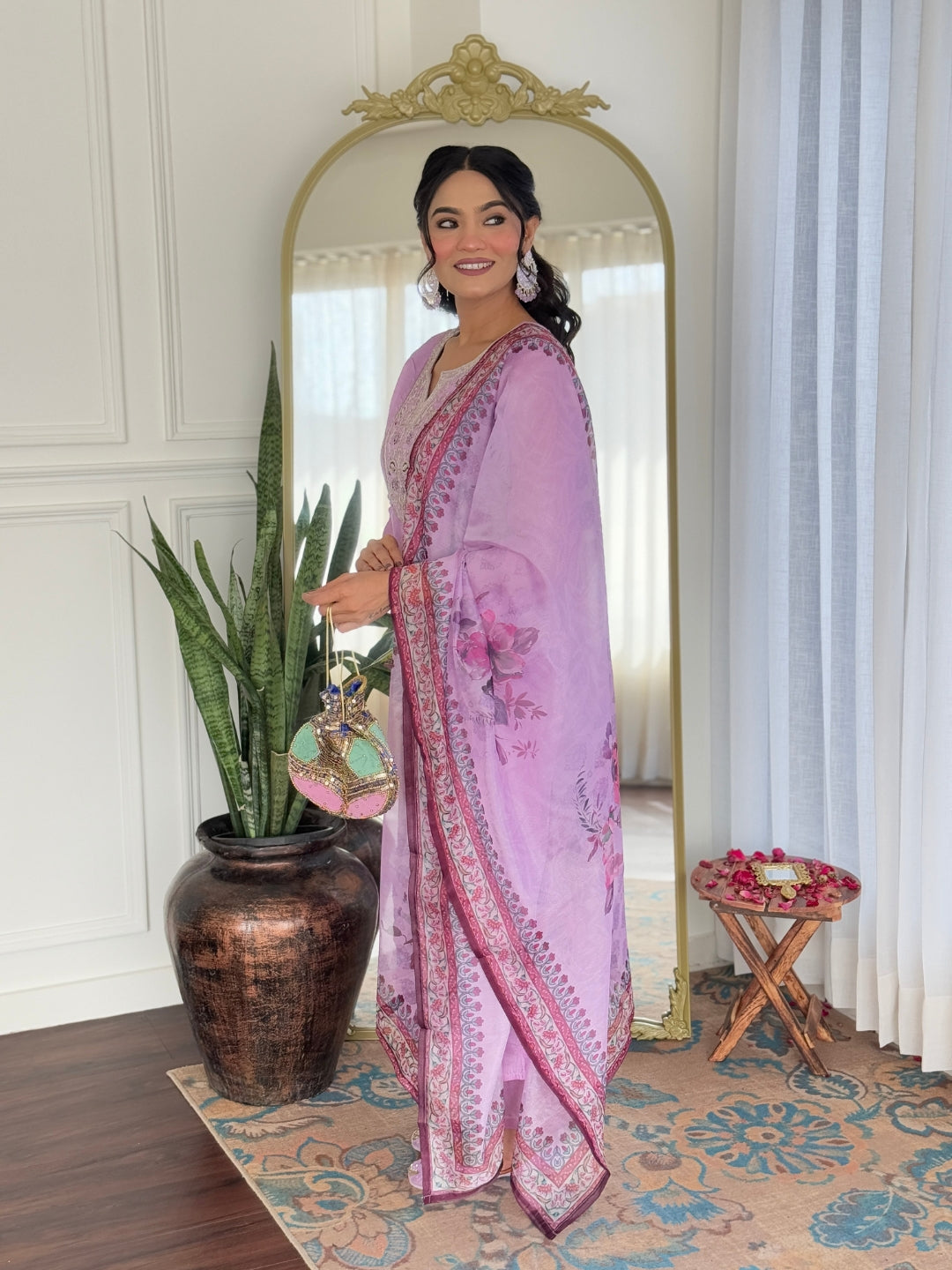 Lavender Kurti Pant Set with Dupatta