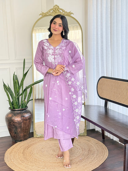 Lavender Kurti Pant Set with Organza Dupatta for Women