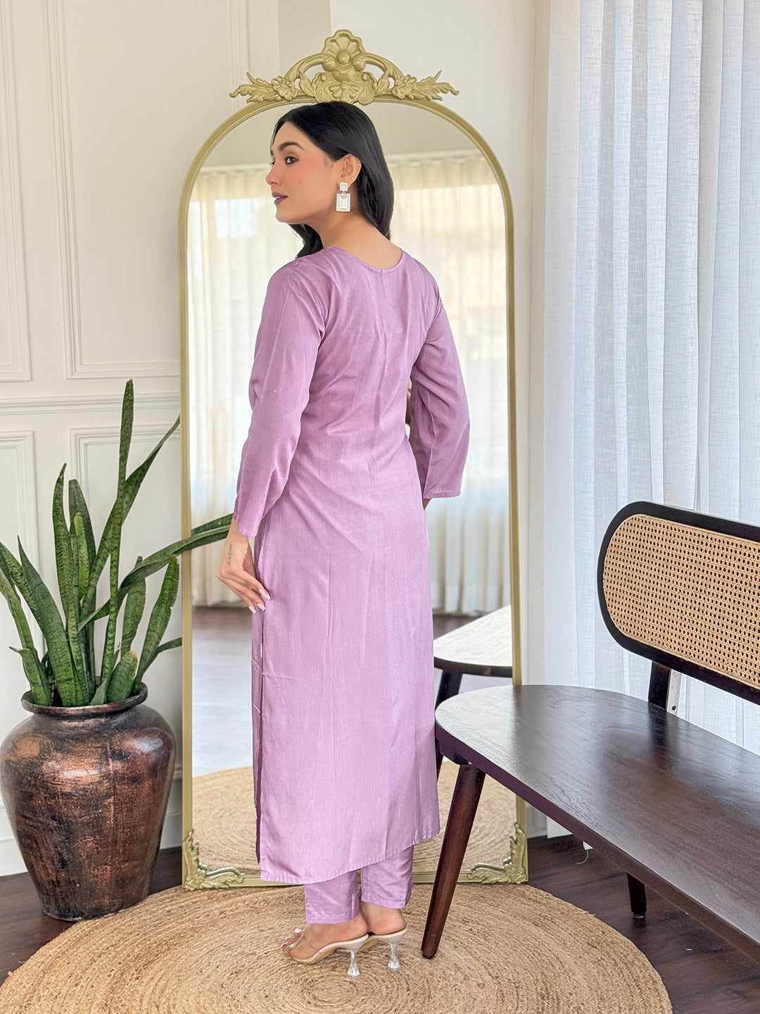 Lavender  Kurti Pant Set with Organza Dupatta