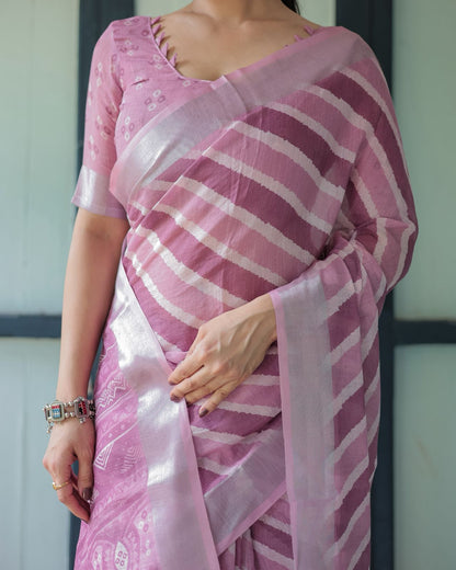 Soft Lavender Linen Saree with Elegant Stripe Pattern for Women