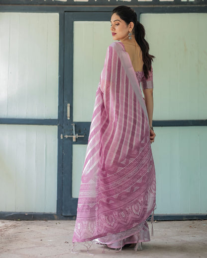Soft Lavender Linen Saree with Elegant Stripe Pattern for Women