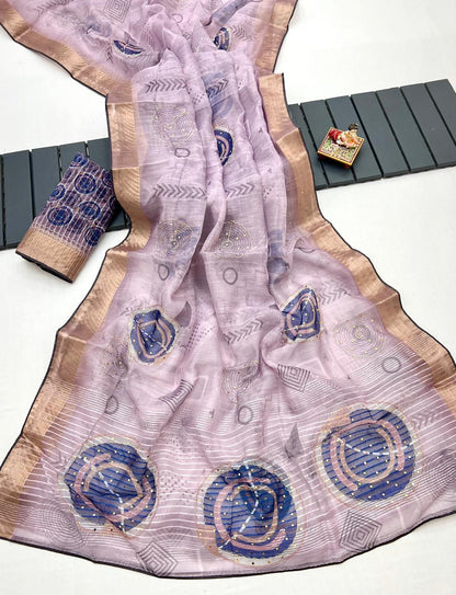 Lavender Organza Cotton Silk Saree With Thread Work for Women