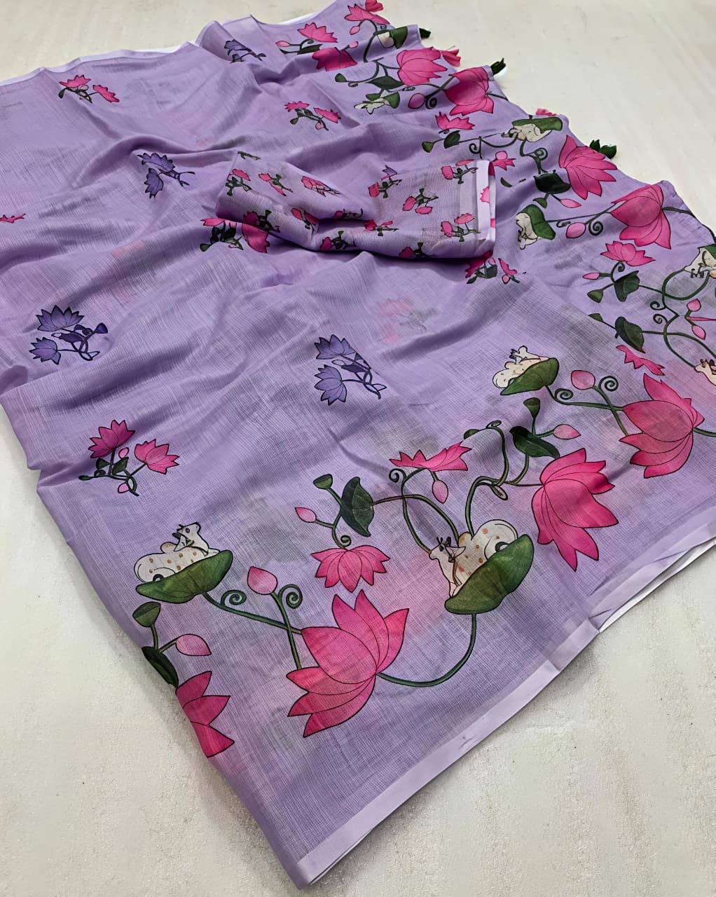 Lavender Pichwai Print Linen Saree with Tassels for Women