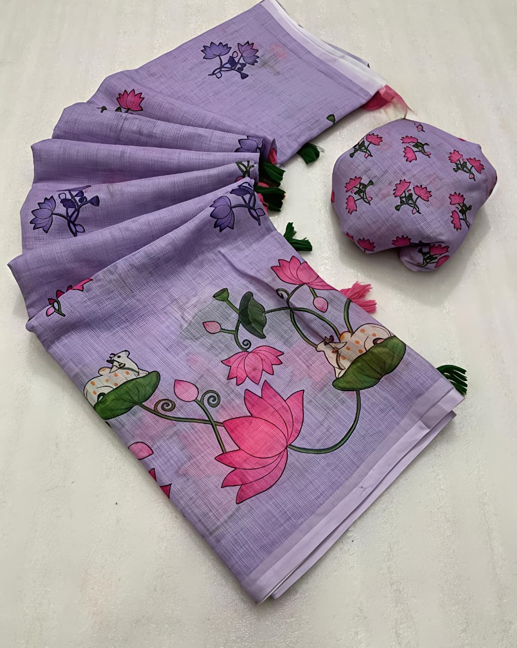 Lavender Pichwai Print Linen Saree with Tassels for Women