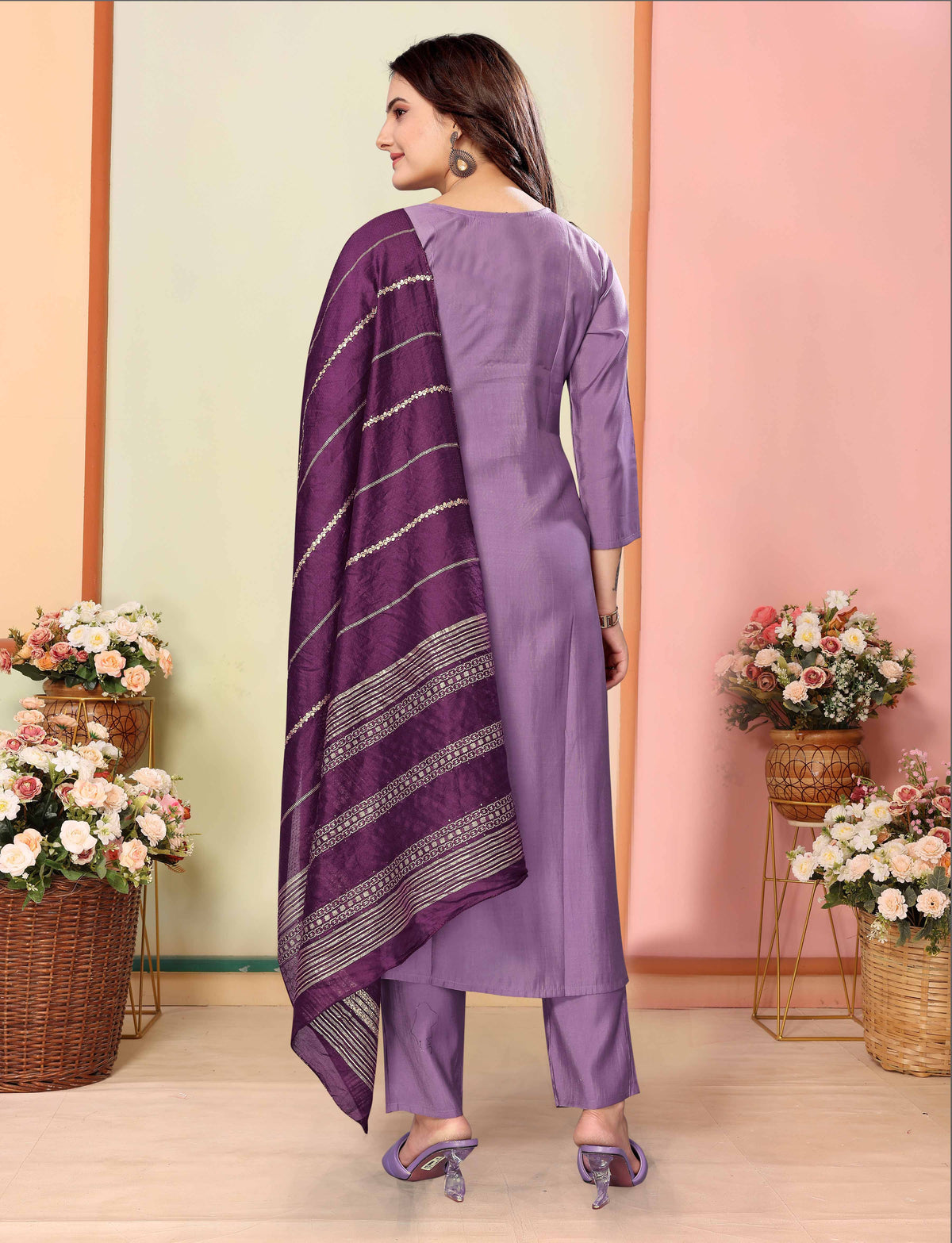 Lavender Silk Embroidered Kurta Pant Dupatta Set for Women